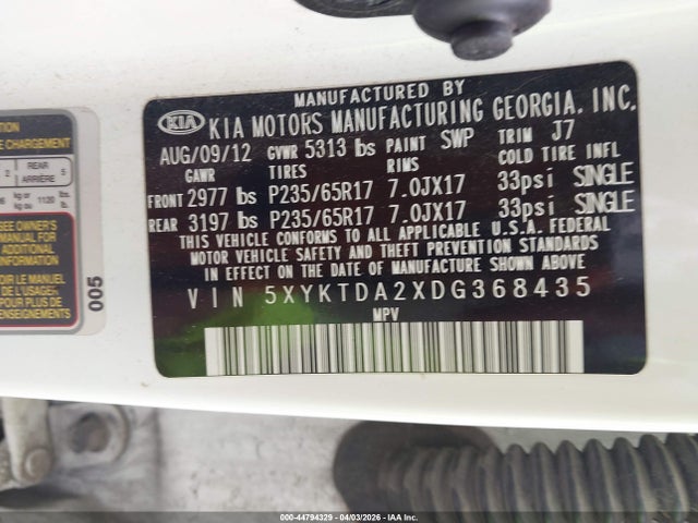44794329 :رقم المزاد ، 5XYKTDA2XDG368435 vin ، 2013 Kia Sorento Lx V6 مزاد بيع