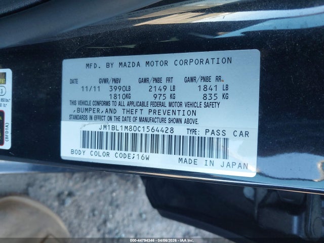 Aukcja sprzedaży 2012 Mazda Mazda3 I Grand Touring, vin: JM1BL1M80C1564428, numer aukcji: 44794346
