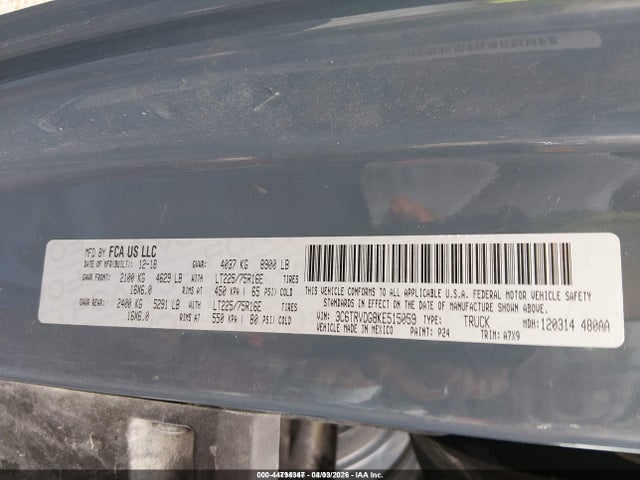 44794347 :رقم المزاد ، 3C6TRVDG8KE515059 vin ، 2019 Ram Promaster 2500 High Roof 159 Wb مزاد بيع