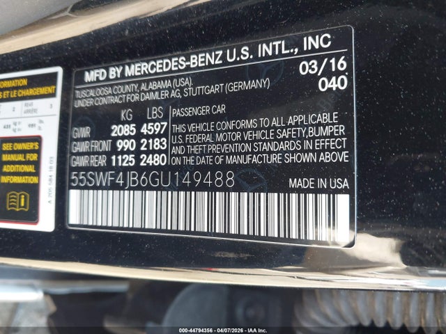 Продажа на аукционе авто 2016 Mercedes-benz C 300, vin: 55SWF4JB6GU149488, номер лота: 44794356