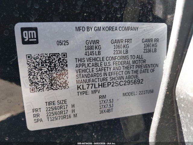 Aukcja sprzedaży 2025 Chevrolet Trax Fwd Lt, vin: KL77LHEP2SC295692, numer aukcji: 44794358