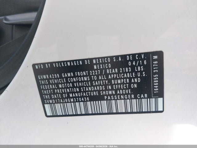 Продажа на аукционе авто 2016 Volkswagen Jetta 1.8t Sport, vin: 3VWD17AJ6GM370436, номер лота: 44794359