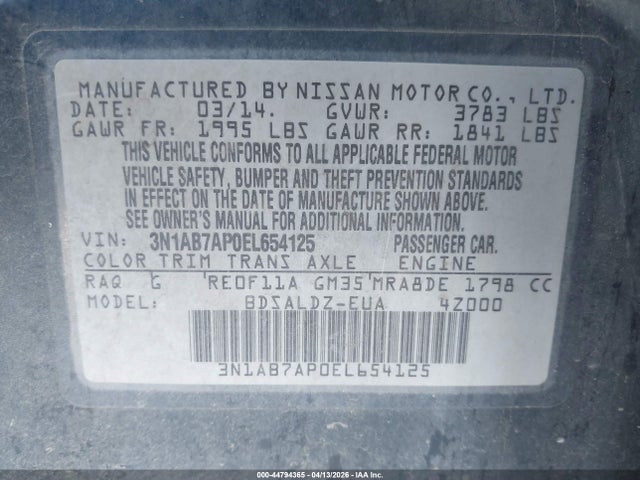 2014 Nissan Sentra Sv მანქანა იყიდება აუქციონზე, vin: 3N1AB7AP0EL654125, აუქციონის ნომერი: 44794365