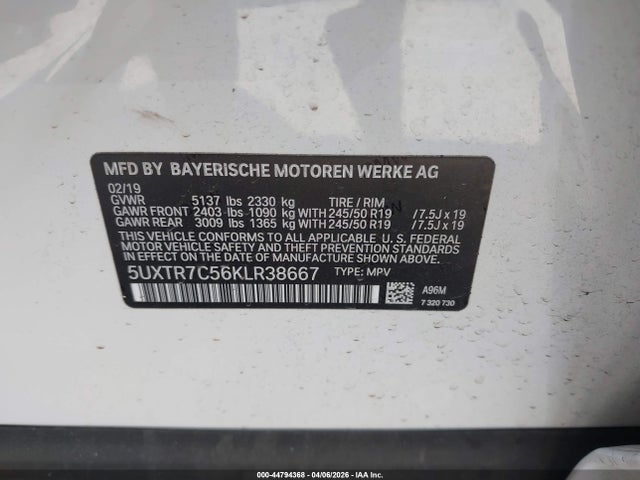 44794368 :رقم المزاد ، 5UXTR7C56KLR38667 vin ، 2019 Bmw X3 Sdrive30i مزاد بيع