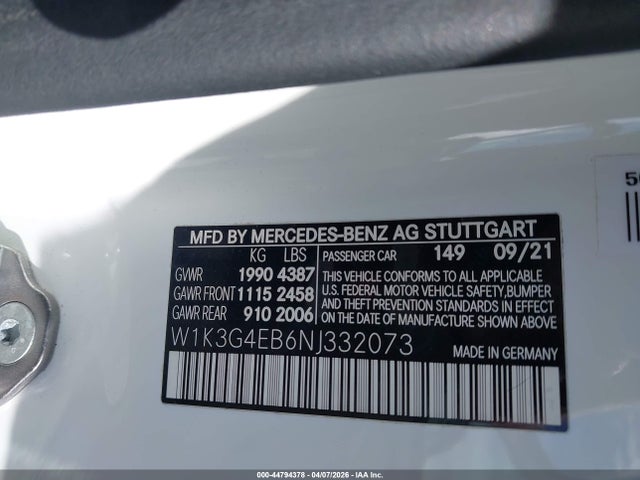 44794378 :رقم المزاد ، W1K3G4EB6NJ332073 vin ، 2022 Mercedes-benz A 220 مزاد بيع