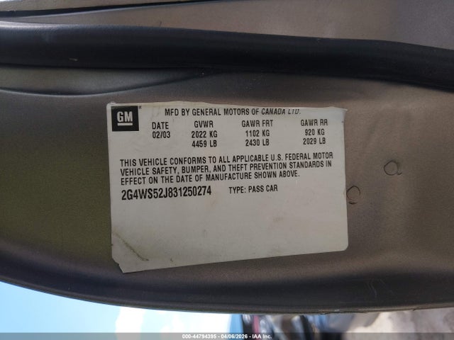 2003 Buick Century Custom მანქანა იყიდება აუქციონზე, vin: 2G4WS52J831250274, აუქციონის ნომერი: 44794395