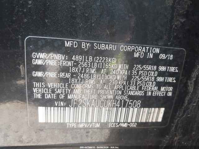Продаж на аукціоні авто 2019 Subaru Forester Limited, vin: JF2SKAUC0KH417508, номер лоту: 44794410