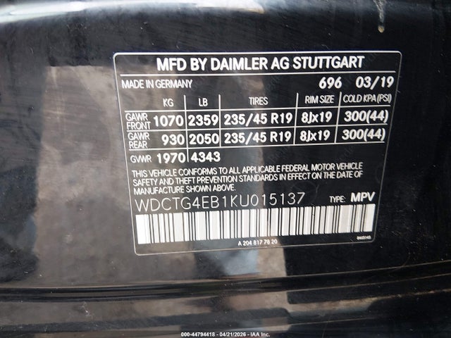 Aukcja sprzedaży 2019 Mercedes-benz Gla 250, vin: WDCTG4EB1KU015137, numer aukcji: 44794418