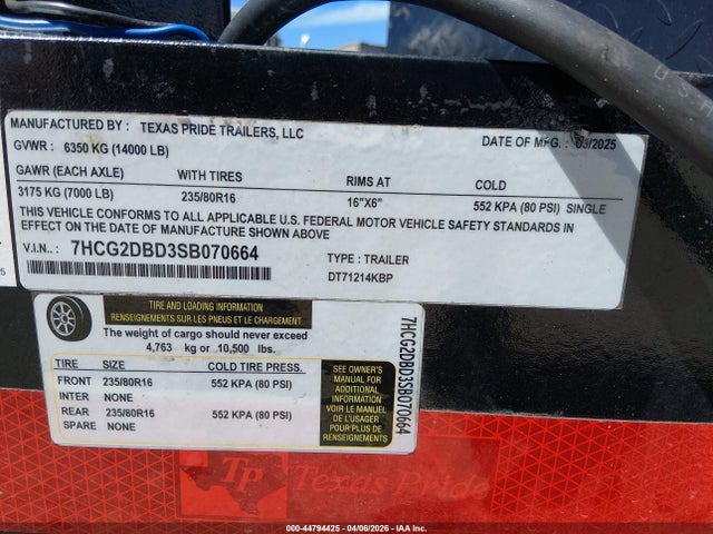 Продажа на аукционе авто 2025 Texas Pride Trailers 552 Kpa, vin: 7HCG2DBD3SB070664, номер лота: 44794425