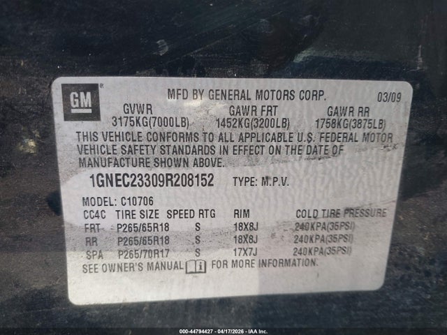Aukcja sprzedaży 2009 Chevrolet Tahoe Lt2, vin: 1GNEC23309R208152, numer aukcji: 44794427