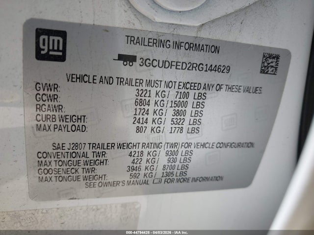 44794428 :رقم المزاد ، 3GCUDFED2RG144629 vin ، 2024 Chevrolet Silverado 1500 4wd  Short Bed Lt Trail Boss مزاد بيع