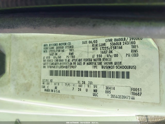 44794446 :رقم المزاد ، 1FBNE31L83HB73907 vin ، 2003 Ford E-350 Super Duty Chateau/xl/xlt مزاد بيع