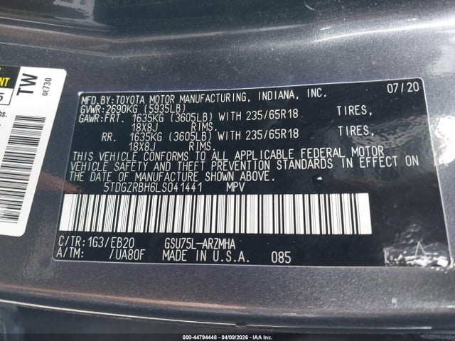 2020 TOYOTA HIGHLANDER 5TDGZRBH6LS041441 Photo 8