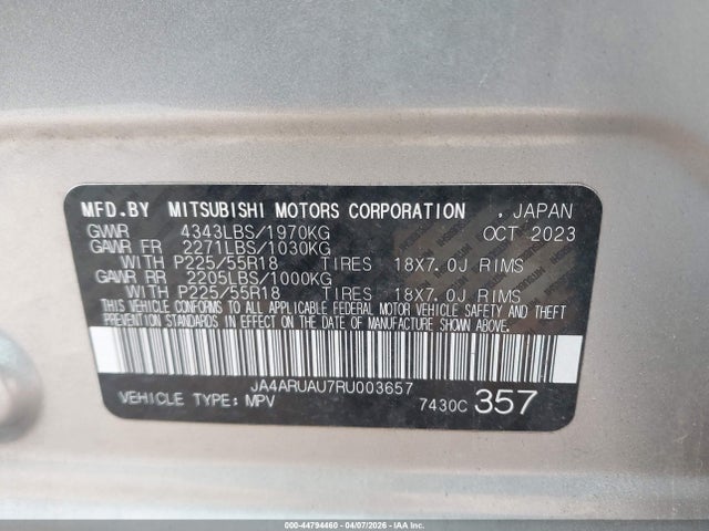 44794460 :رقم المزاد ، JA4ARUAU7RU003657 vin ، 2024 Mitsubishi Outlander Sport 2.0 Le Awc مزاد بيع