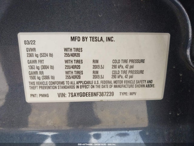 Продаж на аукціоні авто 2022 Tesla Model Y Long Range Dual Motor All-wheel Drive, vin: 7SAYGDEE8NF387239, номер лоту: 44794466