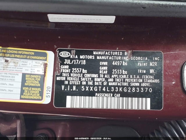 44794470 :رقم المزاد ، 5XXGT4L33KG283370 vin ، 2019 Kia Optima Lx مزاد بيع
