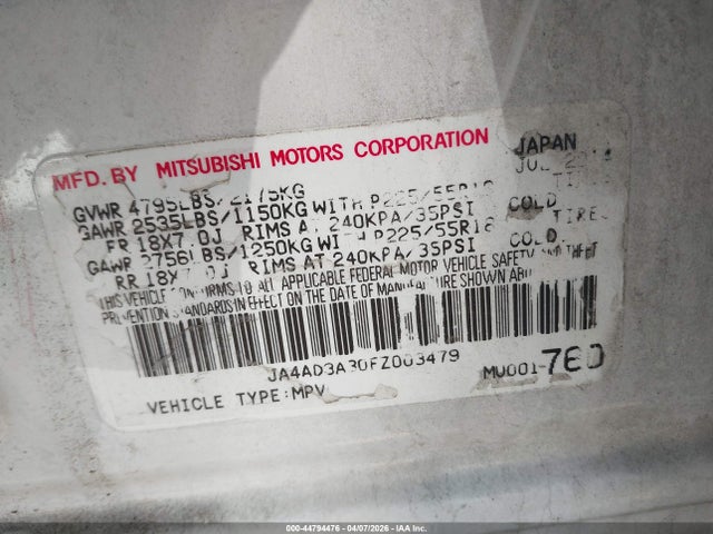 44794476 :رقم المزاد ، JA4AD3A30FZ003479 vin ، 2015 Mitsubishi Outlander Se مزاد بيع