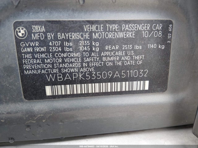 2009 Bmw 328i Xdrive მანქანა იყიდება აუქციონზე, vin: WBAPK53509A511032, აუქციონის ნომერი: 44794483
