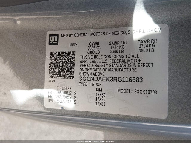 Продаж на аукціоні авто 2024 Chevrolet Silverado 1500 4wd  Standard Bed Wt, vin: 3GCNDAEK3RG116683, номер лоту: 44794496