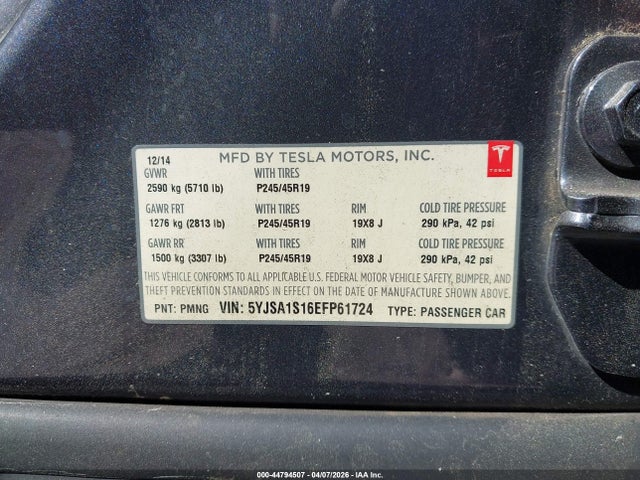 Продаж на аукціоні авто 2014 Tesla Model S, vin: 5YJSA1S16EFP61724, номер лоту: 44794507