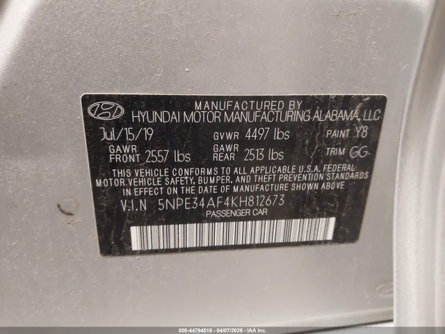 2019 Hyundai Sonata Sel მანქანა იყიდება აუქციონზე, vin: 5NPE34AF4KH812673, აუქციონის ნომერი: 44794518