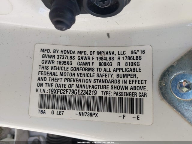 44794527 :رقم المزاد ، 19XFC2F79GE234219 vin ، 2016 Honda Civic Ex مزاد بيع