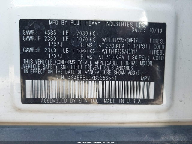 Продажа на аукционе авто 2011 Subaru Outback 2.5i Limited, vin: 4S4BRBLCXB3356551, номер лота: 44794565