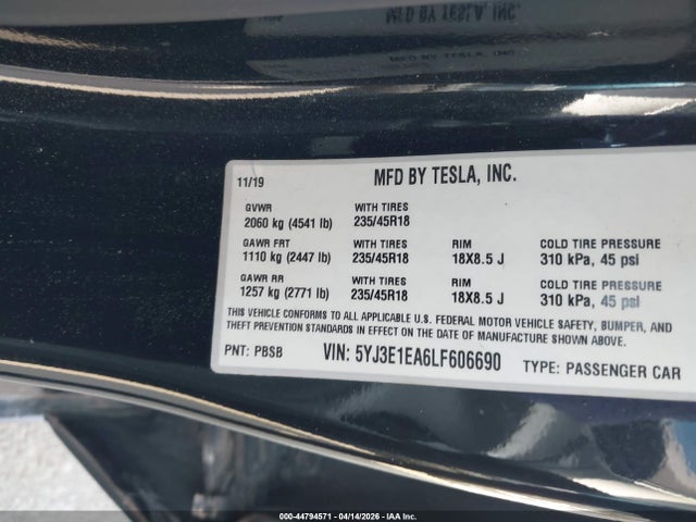 Aukcja sprzedaży 2020 Tesla Model 3 Standard Range Plus Rear-wheel Drive/standard Range Rear-wheel Drive, vin: 5YJ3E1EA6LF606690, numer aukcji: 44794571