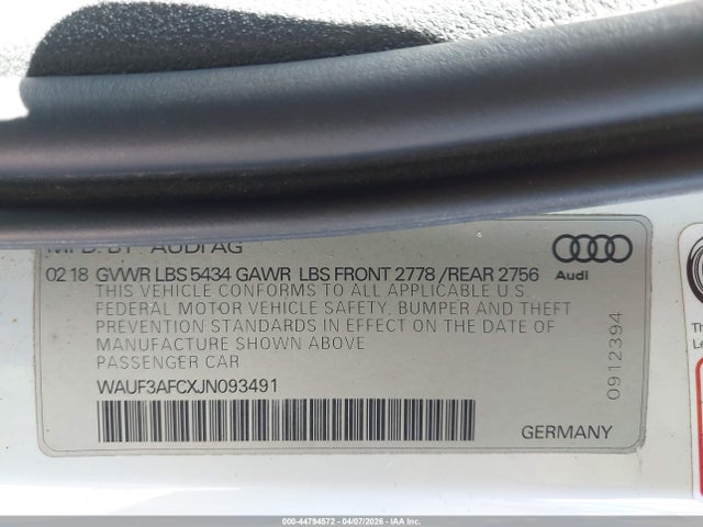 44794572 :رقم المزاد ، WAUF3AFCXJN093491 vin ، 2018 Audi A6 3.0t Sport مزاد بيع