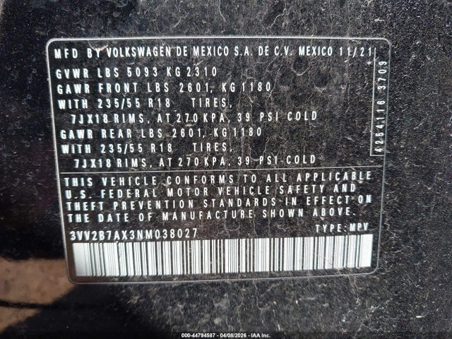 44794587 :رقم المزاد ، 3VV2B7AX3NM038027 vin ، 2022 Volkswagen Tiguan 2.0t Se مزاد بيع