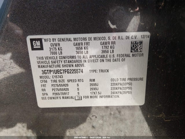 2015 Gmc Sierra 1500 Sle მანქანა იყიდება აუქციონზე, vin: 3GTP1UEC7FG225574, აუქციონის ნომერი: 44794611