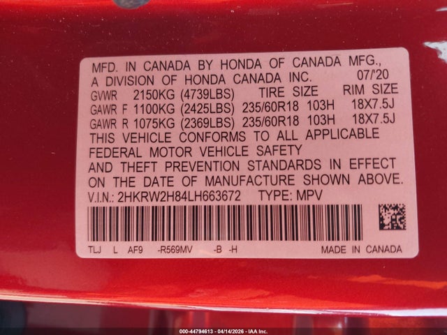 2HKRW2H84LH663672 Honda Cr-v Awd Ex-l