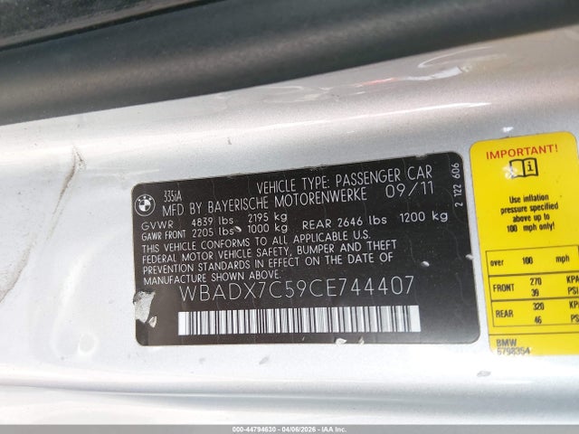 Продаж на аукціоні авто 2012 Bmw 335i, vin: WBADX7C59CE744407, номер лоту: 44794630