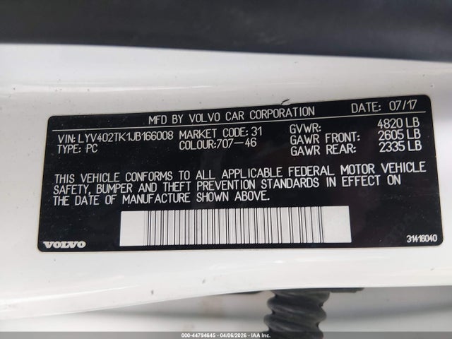 2018 Volvo S60 Inscription T5 მანქანა იყიდება აუქციონზე, vin: LYV402TK1JB166008, აუქციონის ნომერი: 44794645