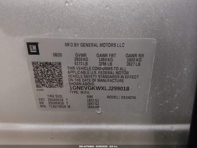44794650 :رقم المزاد ، 1GNEVGKWXLJ299018 vin ، 2020 Chevrolet Traverse Awd Lt Cloth مزاد بيع