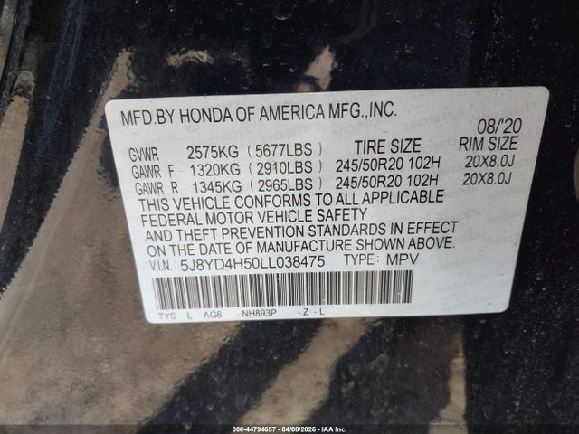 2020 Acura Mdx Technology Package მანქანა იყიდება აუქციონზე, vin: 5J8YD4H50LL038475, აუქციონის ნომერი: 44794657