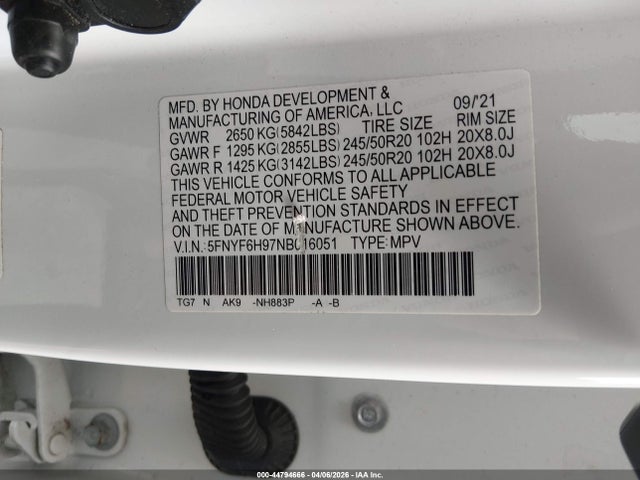 Aukcja sprzedaży 2022 Honda Pilot Awd Touring 8 Passenger, vin: 5FNYF6H97NB016051, numer aukcji: 44794666