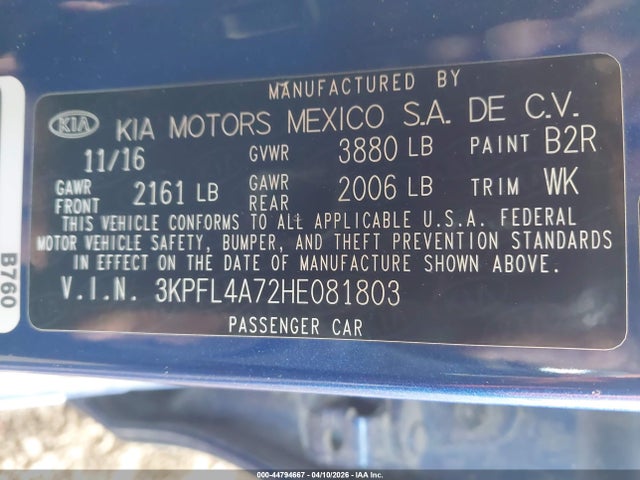 2017 Kia Forte Lx მანქანა იყიდება აუქციონზე, vin: 3KPFL4A72HE081803, აუქციონის ნომერი: 44794667