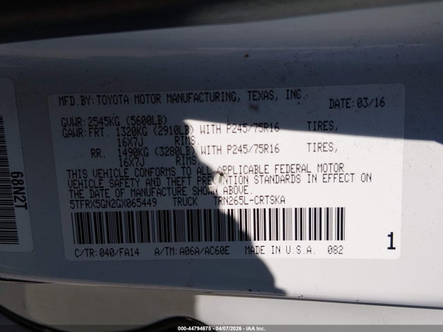 44794675 :رقم المزاد ، 5TFRX5GN2GX065449 vin ، 2016 Toyota Tacoma Sr مزاد بيع