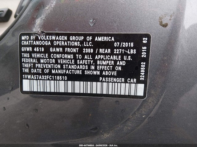44794684 :رقم المزاد ، 1VWAS7A32FC118510 vin ، 2015 Volkswagen Passat 1.8t Limited Edition مزاد بيع