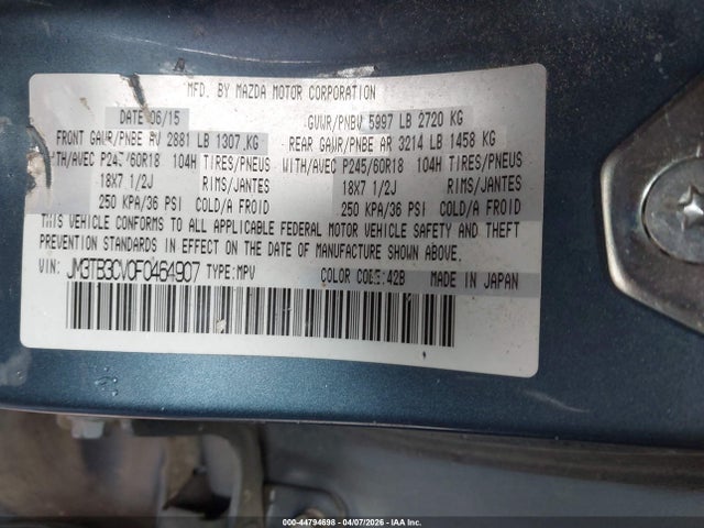 44794698 :رقم المزاد ، JM3TB3CV0F0464907 vin ، 2015 Mazda Cx-9 Touring مزاد بيع