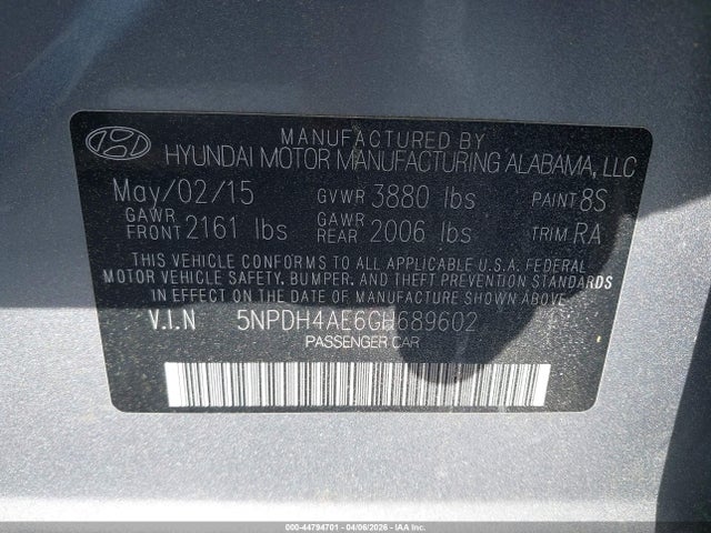 Продажа на аукционе авто 2016 Hyundai Elantra Se, vin: 5NPDH4AE6GH689602, номер лота: 44794701