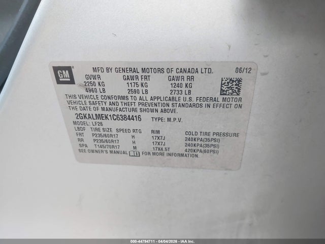 Продаж на аукціоні авто 2012 Gmc Terrain Sle-1, vin: 2GKALMEK1C6384416, номер лоту: 44794711