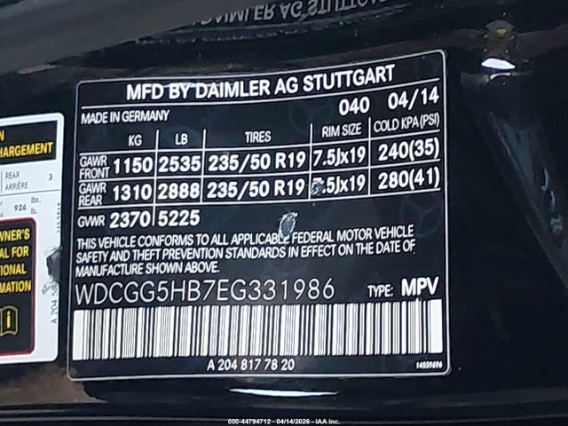 WDCGG5HB7EG331986 Mercedes-Benz GLK 350