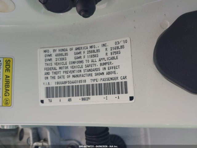 44794721 :رقم المزاد ، 19UUA8F50AA016518 vin ، 2010 Acura Tl 3.5 مزاد بيع