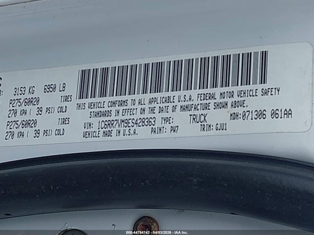 2014 Ram 1500 Laramie მანქანა იყიდება აუქციონზე, vin: 1C6RR7VM9ES428363, აუქციონის ნომერი: 44794742