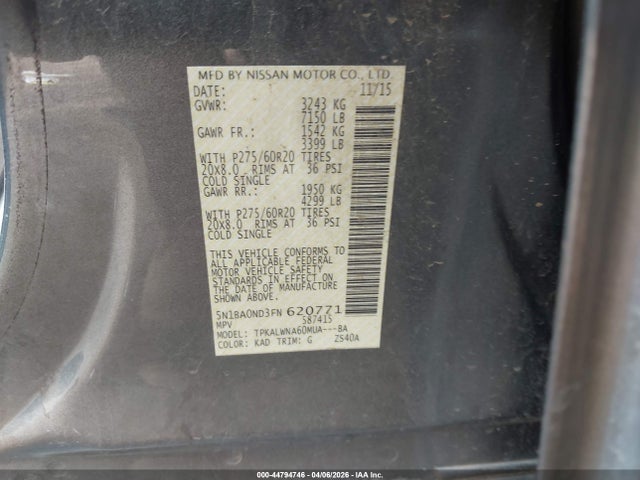 44794746 :رقم المزاد ، 5N1BA0ND3FN620771 vin ، 2015 Nissan Armada Platinum مزاد بيع