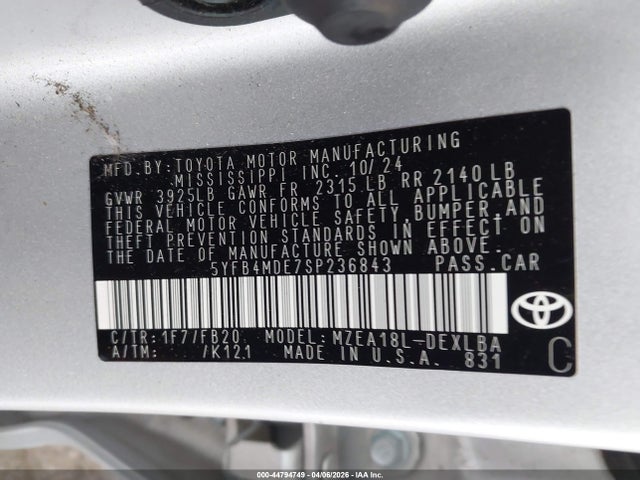 44794749 :رقم المزاد ، 5YFB4MDE7SP236843 vin ، 2025 Toyota Corolla Le مزاد بيع