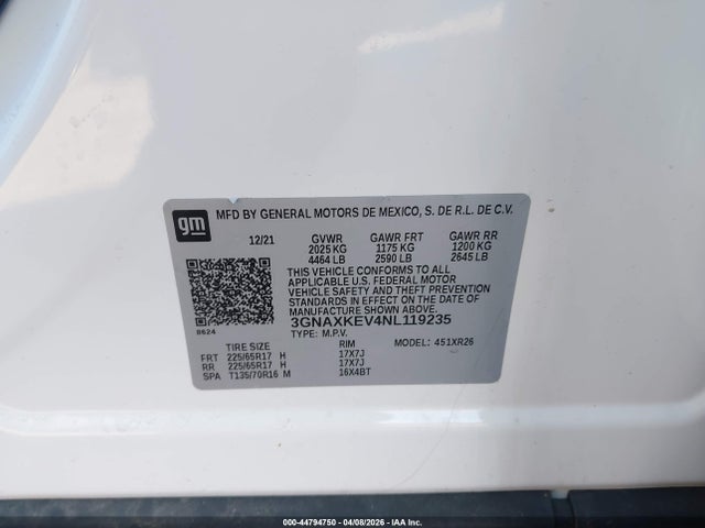 Продажа на аукционе авто 2022 Chevrolet Equinox Fwd Lt, vin: 3GNAXKEV4NL119235, номер лота: 44794750