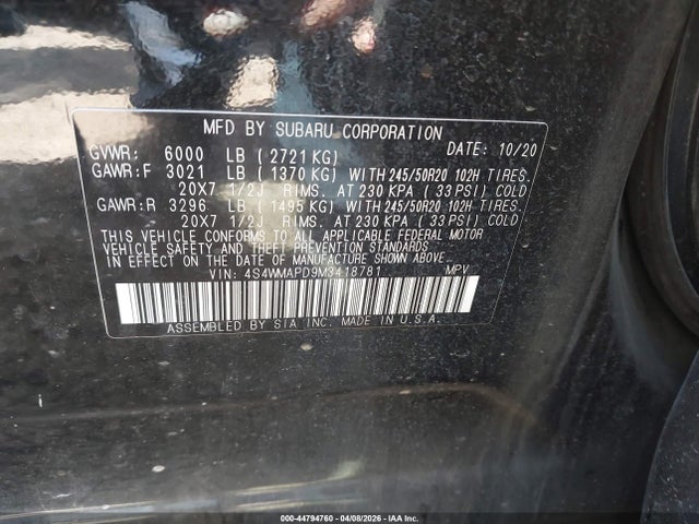 Aukcja sprzedaży 2021 Subaru Ascent Limited, vin: 4S4WMAPD9M3418781, numer aukcji: 44794760